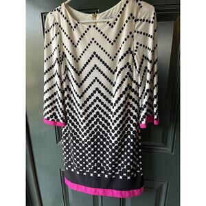 Eliza J Shift Dress Size 4 Border Geometric Print Pink Black White Lined 16” Zip